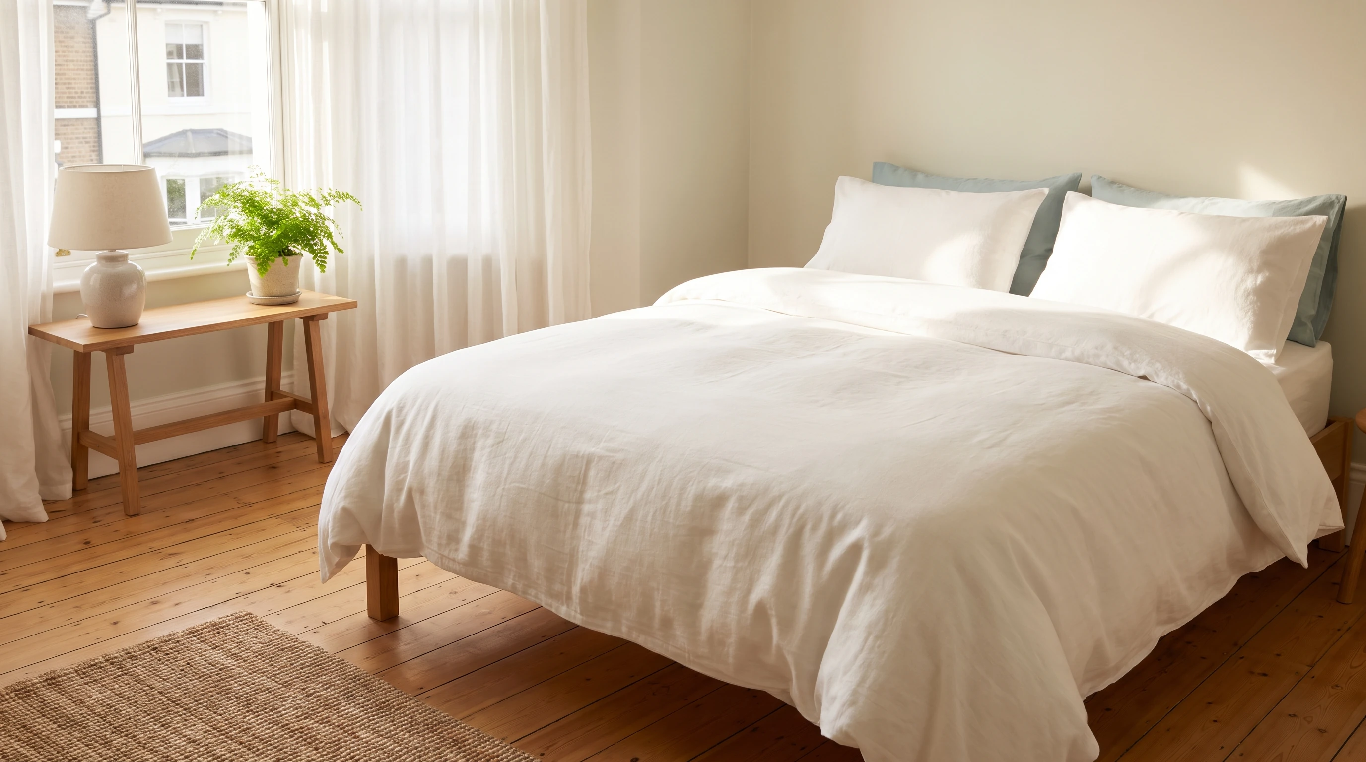 Neatly made bed and clean bedroom in a Stenson Fields house